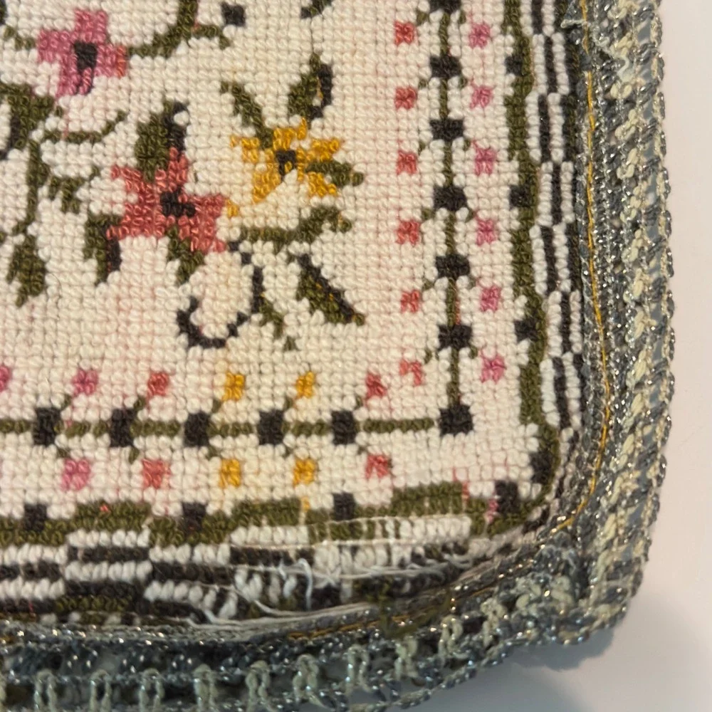 Vintage Floral Needlepoint Table Runner Pink Cream Rose Tapestry 37x13 Decor